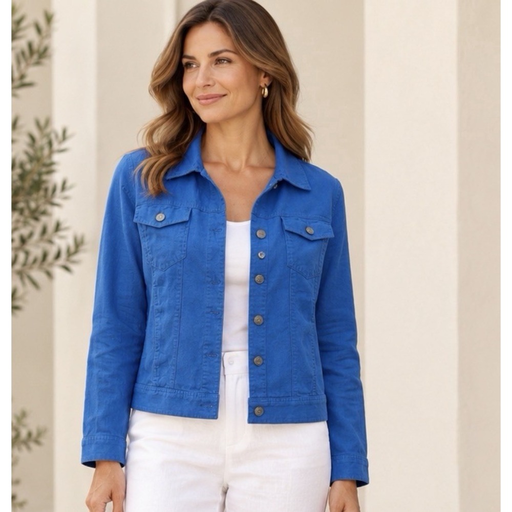 Jones New York 100% Linen Button Front Trucker Jacket Sz M Cobalt Blue Coastal